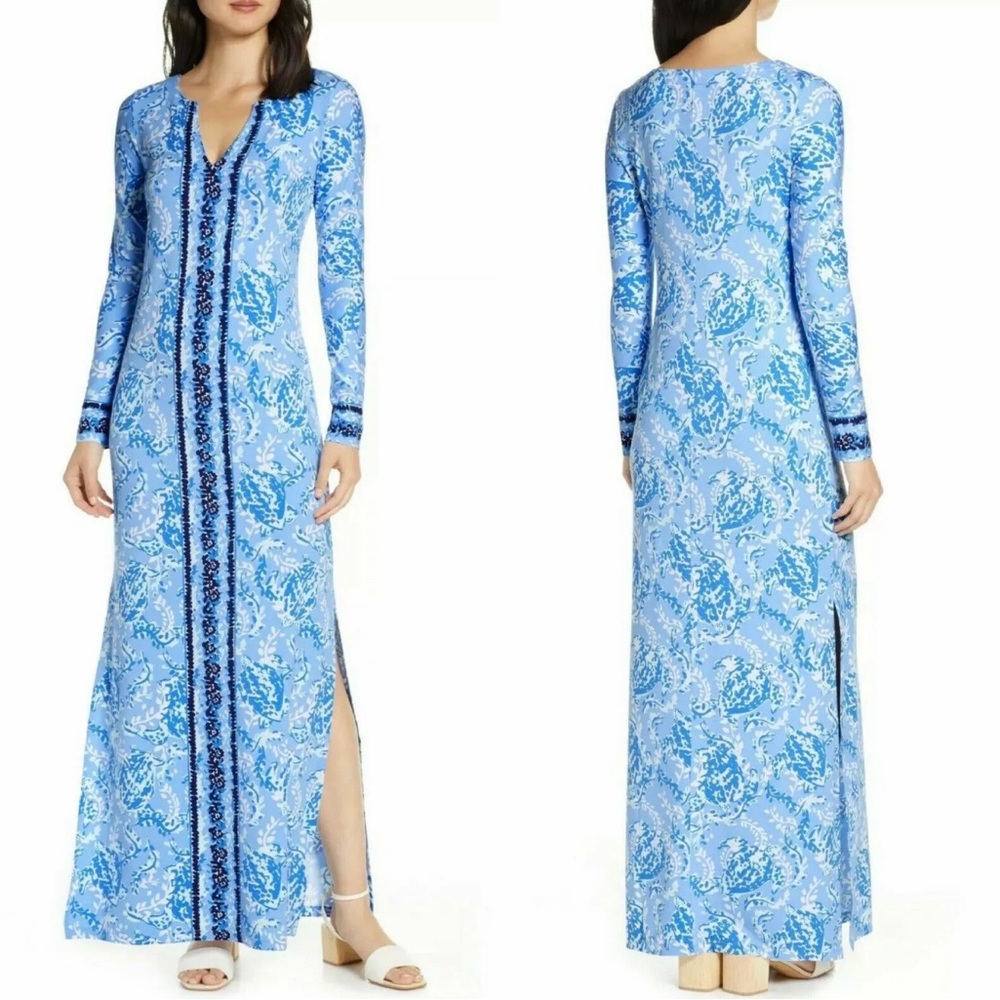 Lilly Pulitzer UPF 50+ FAYE MAXI DRESS Blue Peri Turtley Awesome White L